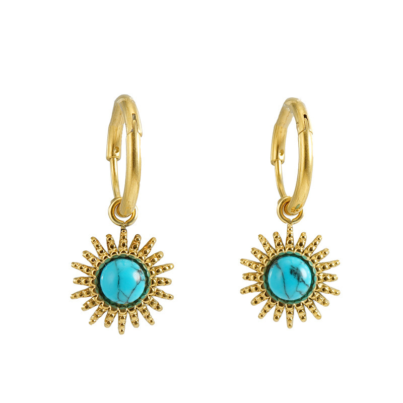 Vintage Blue Turquoise Sunflower Charm Stainless Steel Hoop Earrings