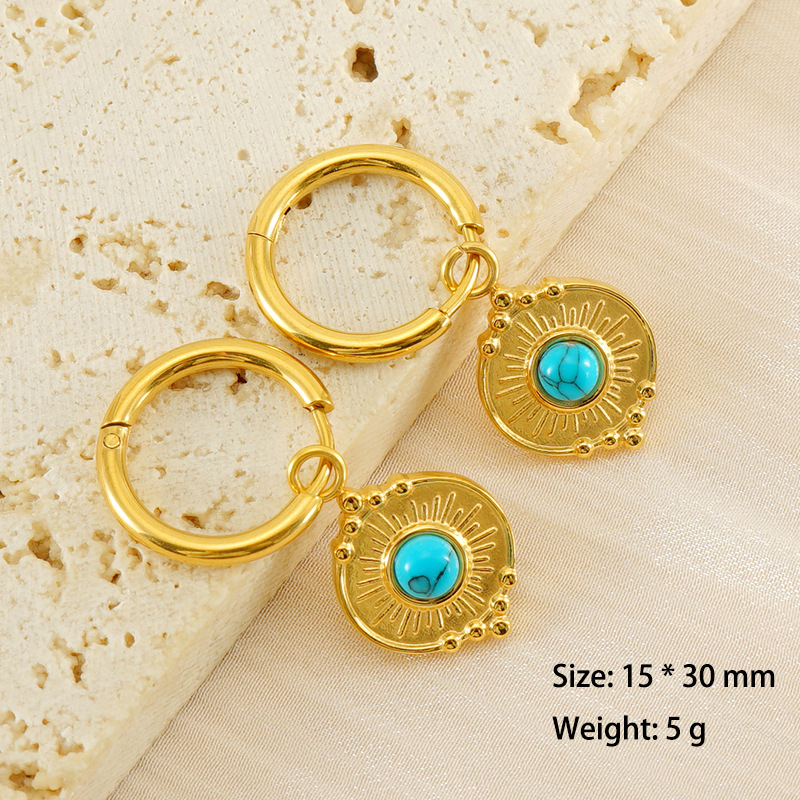 18K Gold Stainless Steel Hoop Earrings with Round Blue Turquoise Charm