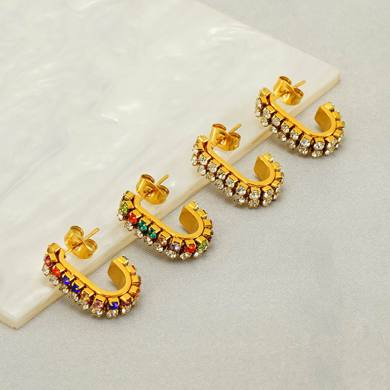 Bohemian Gold Plated Stainless Steel J Hoop Earrings with Color Zircon