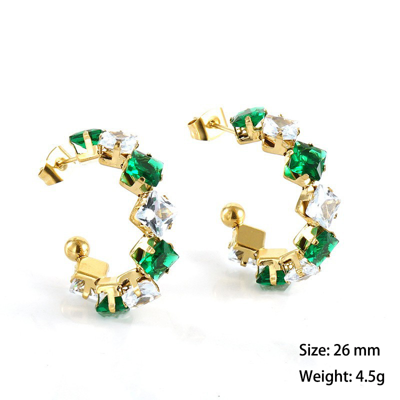 18K Gold Stainless Steel C Hoop Earrings with Coloured Square Zirconia
