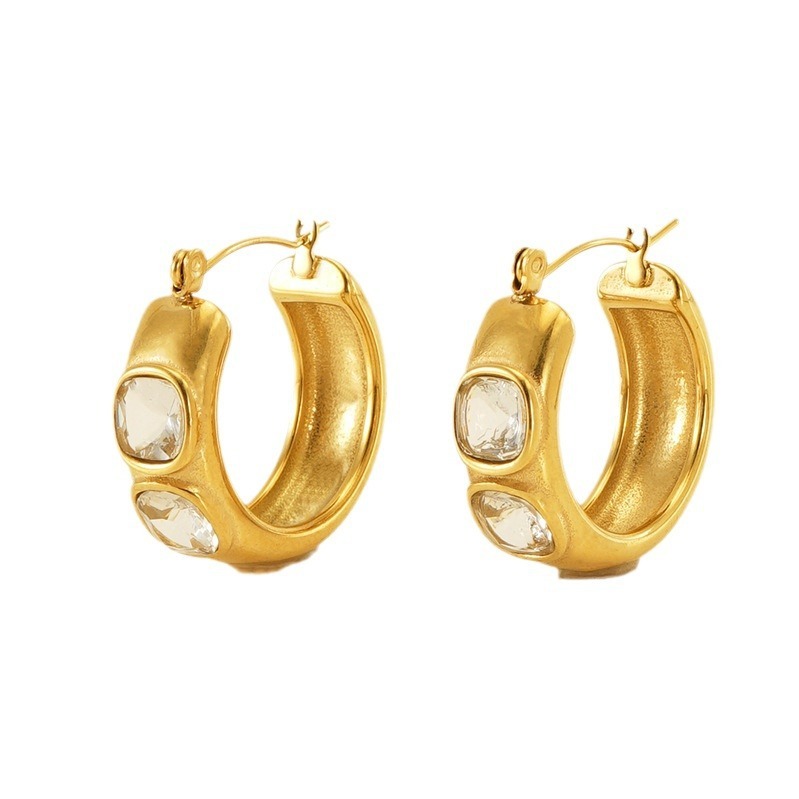 Glamorous Studded Cubic Zirconium U Hoop Earrings in Stainless Steel