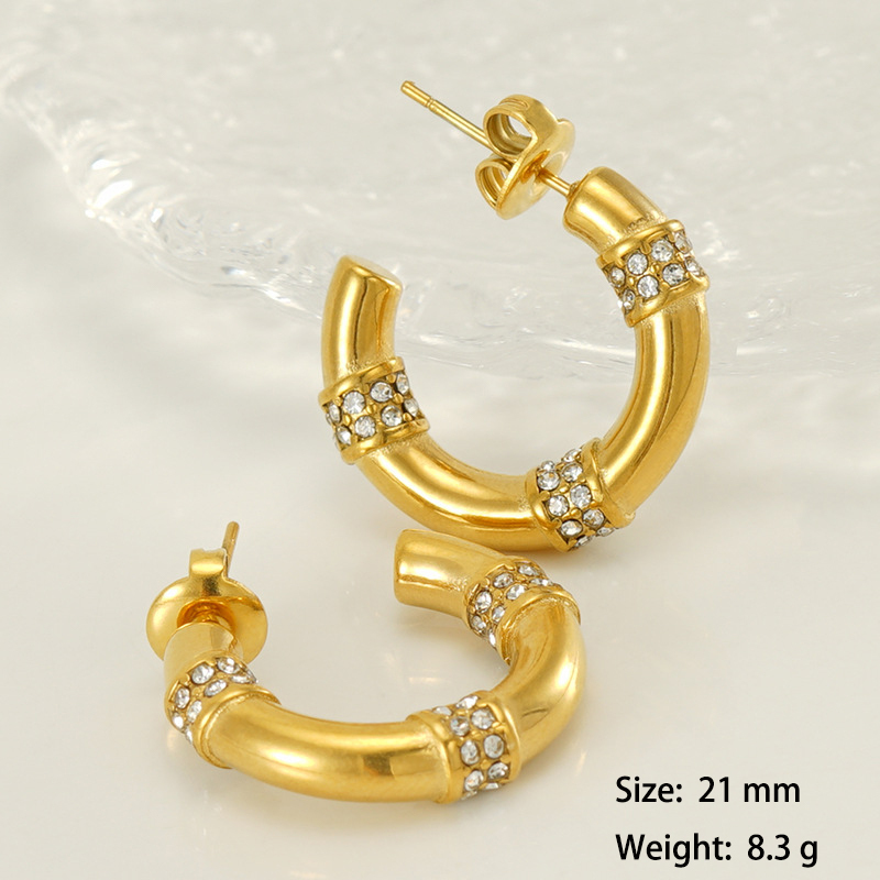 PVD Coated 316L Stainless Steel C Hoop Earrings Inlay with Rhinestone