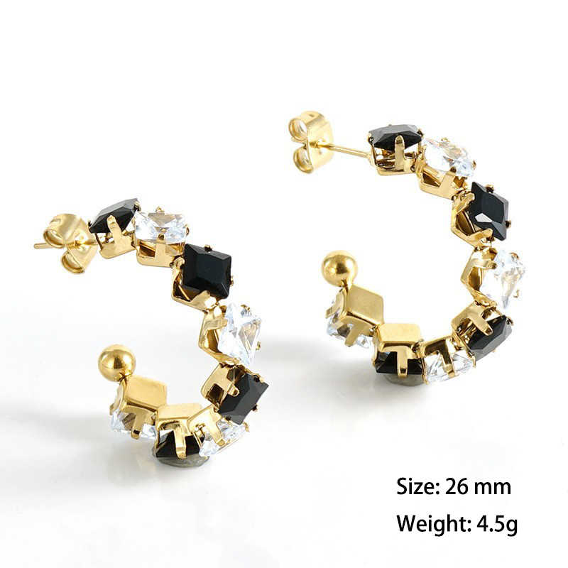 18K Gold Stainless Steel C Hoop Earrings with Coloured Square Zirconia