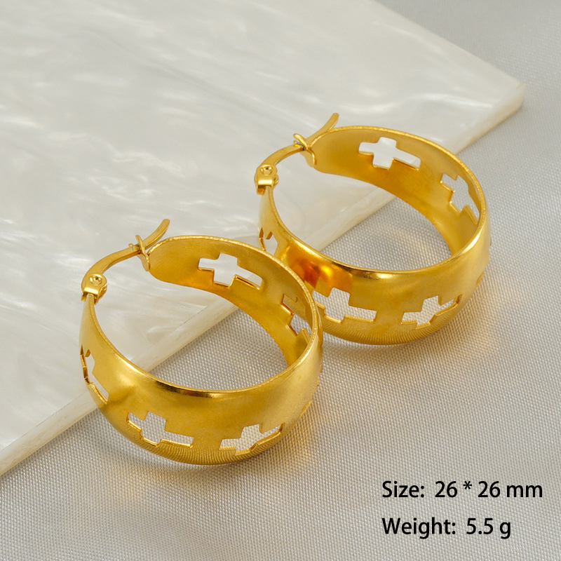18K Gold Plated Hollow Cross Wide Face Stainless Steel Hoop Earrings