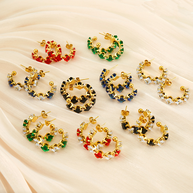 18K Gold Stainless Steel C Hoop Earrings with Coloured Square Zirconia
