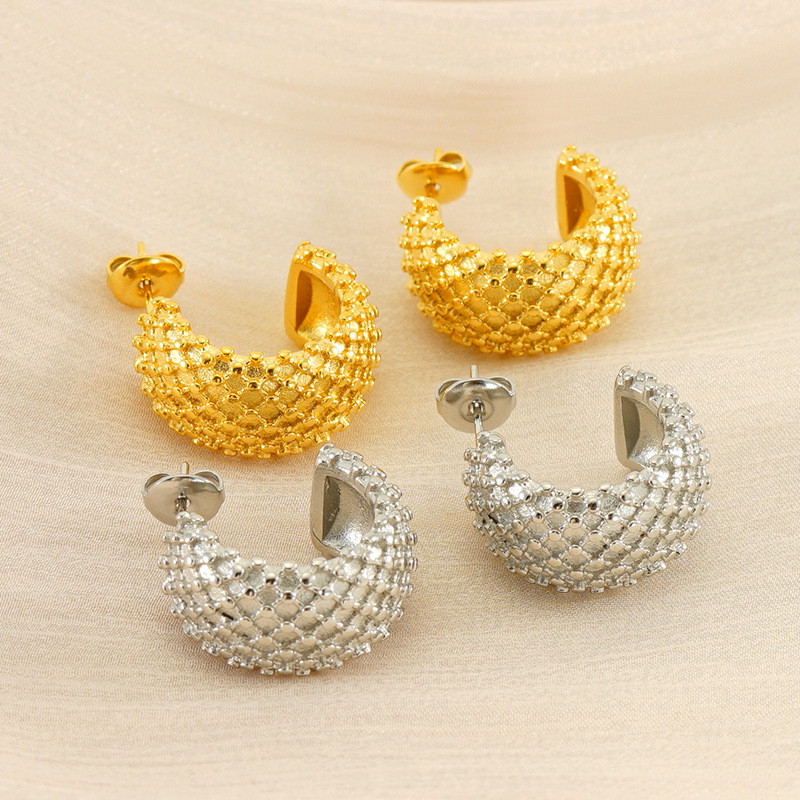 Vacuum Plating Braided Plaid Wide Face Stainless Steel Hoop Earrings