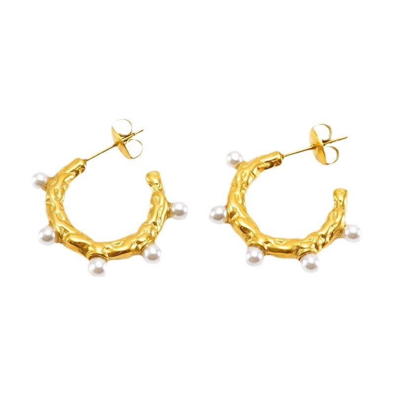 Baroque Pearls C Hoop Earrings in Hammered Stainless Steel