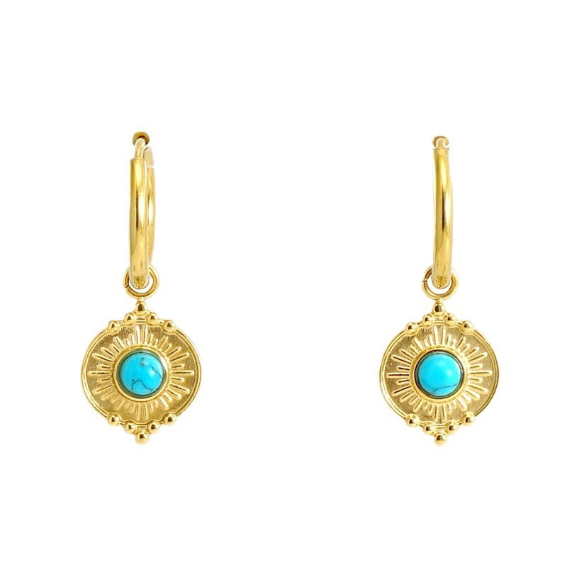 18K Gold Stainless Steel Hoop Earrings with Round Blue Turquoise Charm