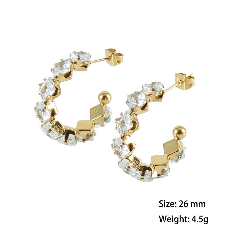 18K Gold Stainless Steel C Hoop Earrings with Coloured Square Zirconia