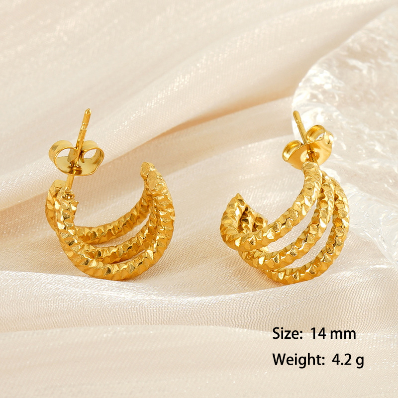 Retro Hammered Triple Stainless Steel C Hoop Earrings in PVD Coated