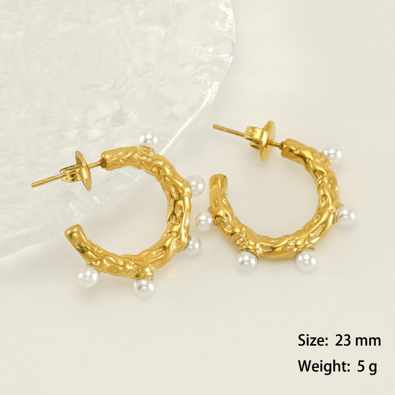 Baroque Pearls C Hoop Earrings in Hammered Stainless Steel