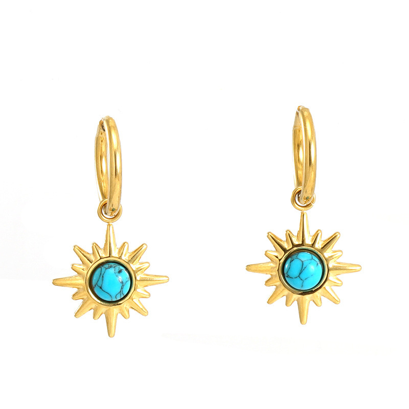 Boho Starburst & Turquoise Charm Hoop Earrings in 316L Stainless Steel