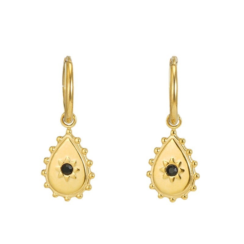 Minimalist Drop Charm with Black Rhinestones Stainless Steel Huggie Earrings