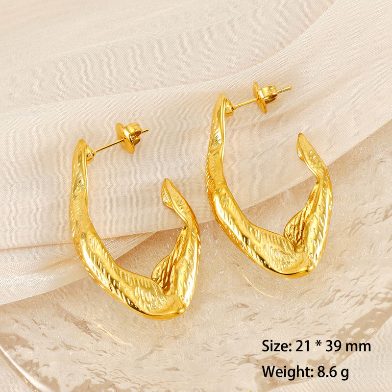 Chic Irregular pleats J-shaped hoop stainless steel earrings