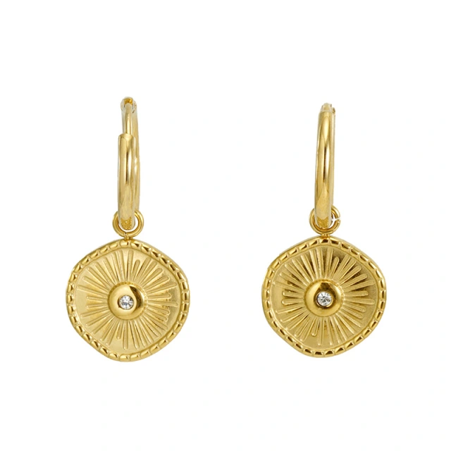 Vintage Round Compass with Rhinestone Stainless Steel Huggie Earrings