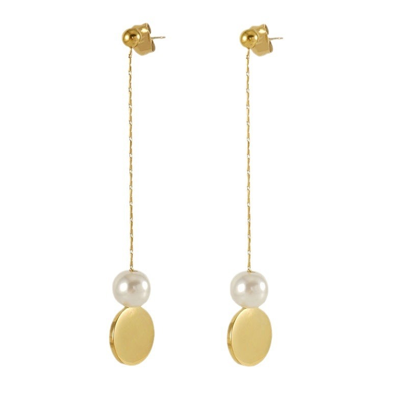 Elegant Gold Disk Stainless Steel Dangle Earrings with Pearl