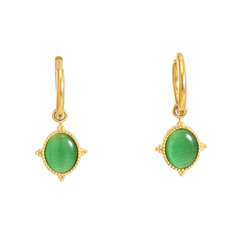 Romantic 18K Gold Huggie Earrings with Green Cat's Eye Stone Charm in Stainless Steel