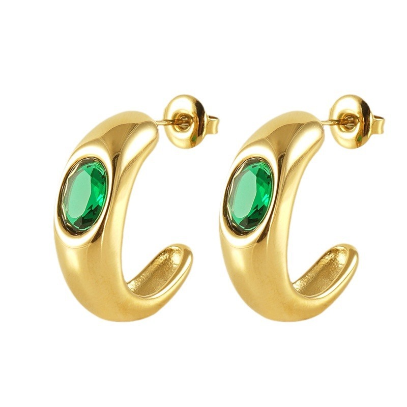PVD Coated Polishing Stainless Steel C Hoop Earrings With Emerald Zircon