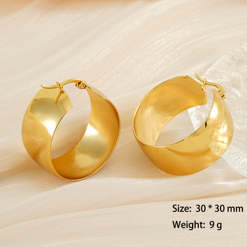 Modern 18k Plated Wide Face Smooth Hoop Earrings in Stainless Steel