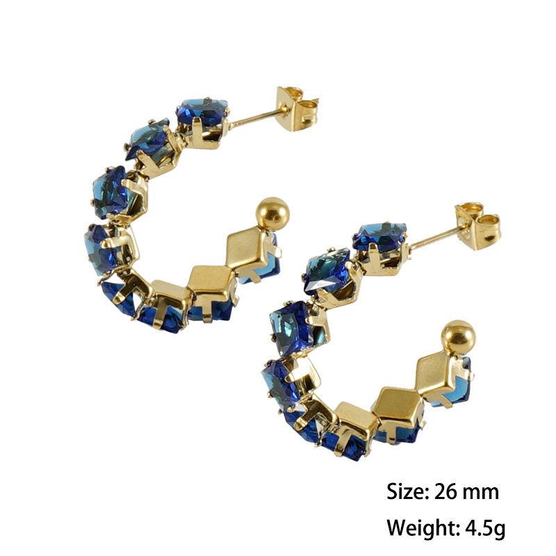 18K Gold Stainless Steel C Hoop Earrings with Coloured Square Zirconia