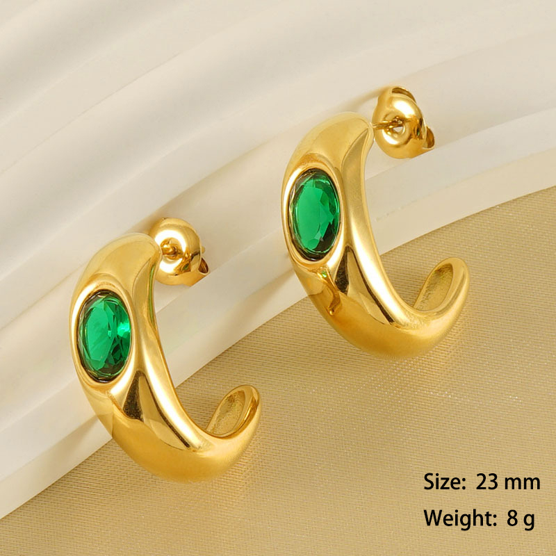 PVD Coated Polishing Stainless Steel C Hoop Earrings With Emerald Zircon