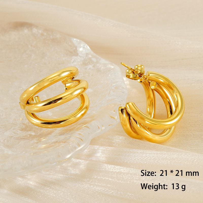 French Style Triple Hollow Stainless Steel C Hoop Earrings