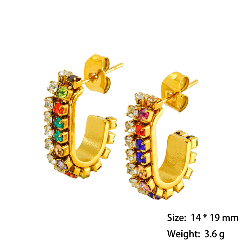 Bohemian Gold Plated Stainless Steel J Hoop Earrings with Color Zircon