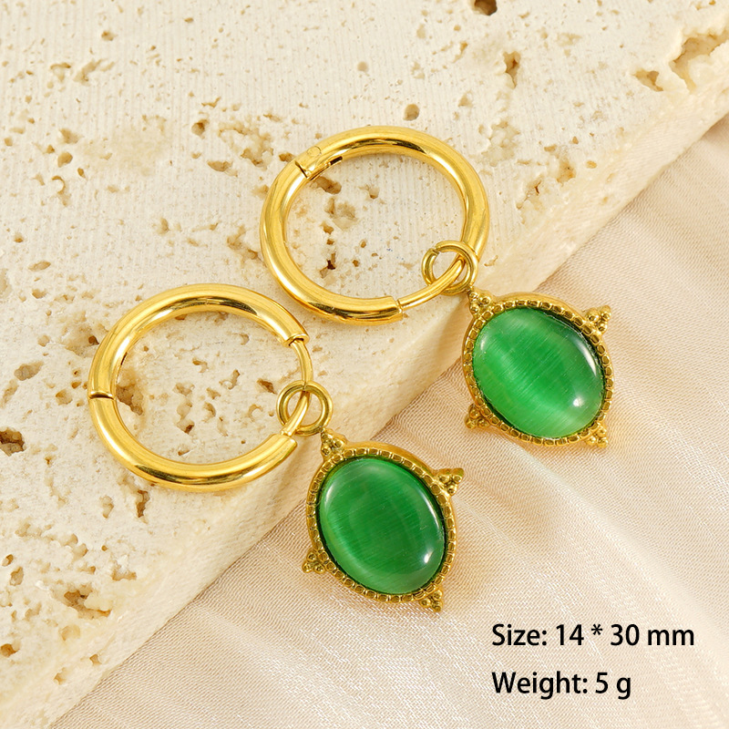Romantic 18K Gold Huggie Earrings with Green Cat's Eye Stone Charm in Stainless Steel