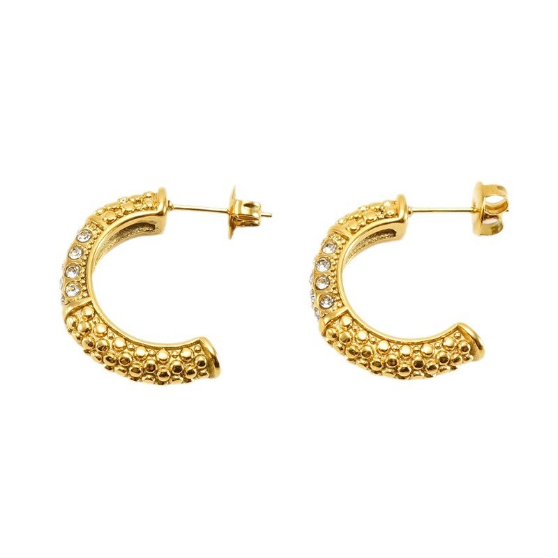 Vintage Bobble Stainless Steel C Hoop Earrings with Rhinestone