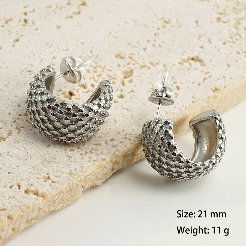 Vacuum Plating Braided Plaid Wide Face Stainless Steel Hoop Earrings