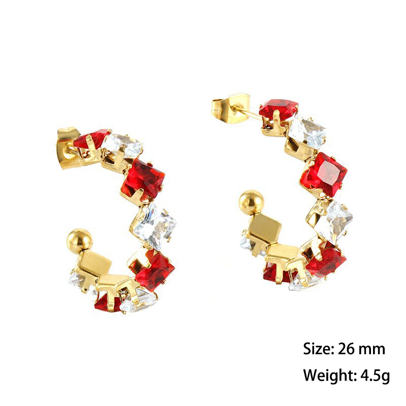 18K Gold Stainless Steel C Hoop Earrings with Coloured Square Zirconia