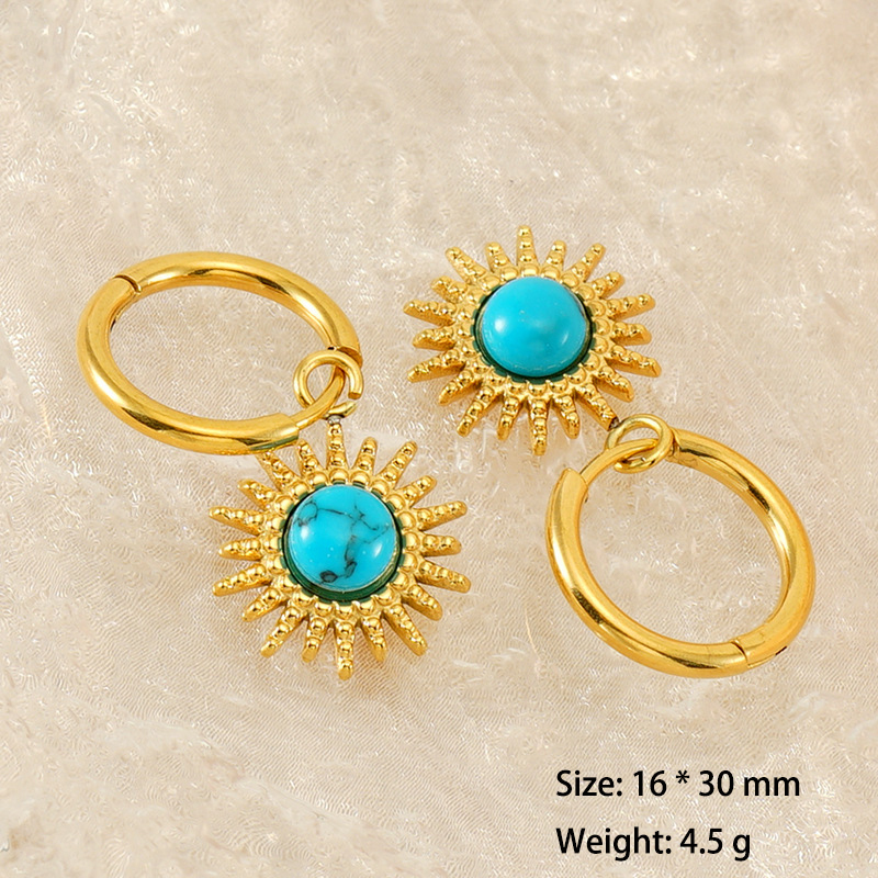 Vintage Blue Turquoise Sunflower Charm Stainless Steel Hoop Earrings