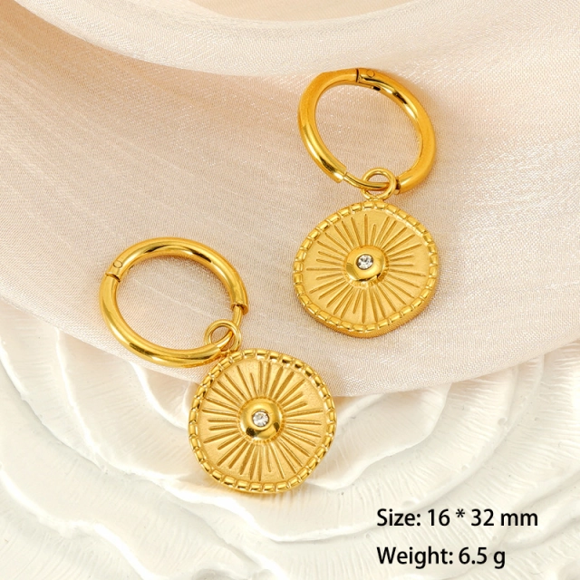 Vintage Round Compass with Rhinestone Stainless Steel Huggie Earrings