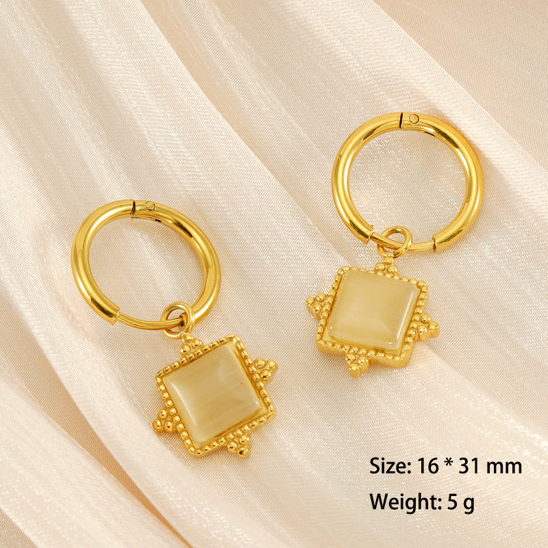 PVD Coated Square Cat's Eye Stones Stainless Steel Hoop Earrings