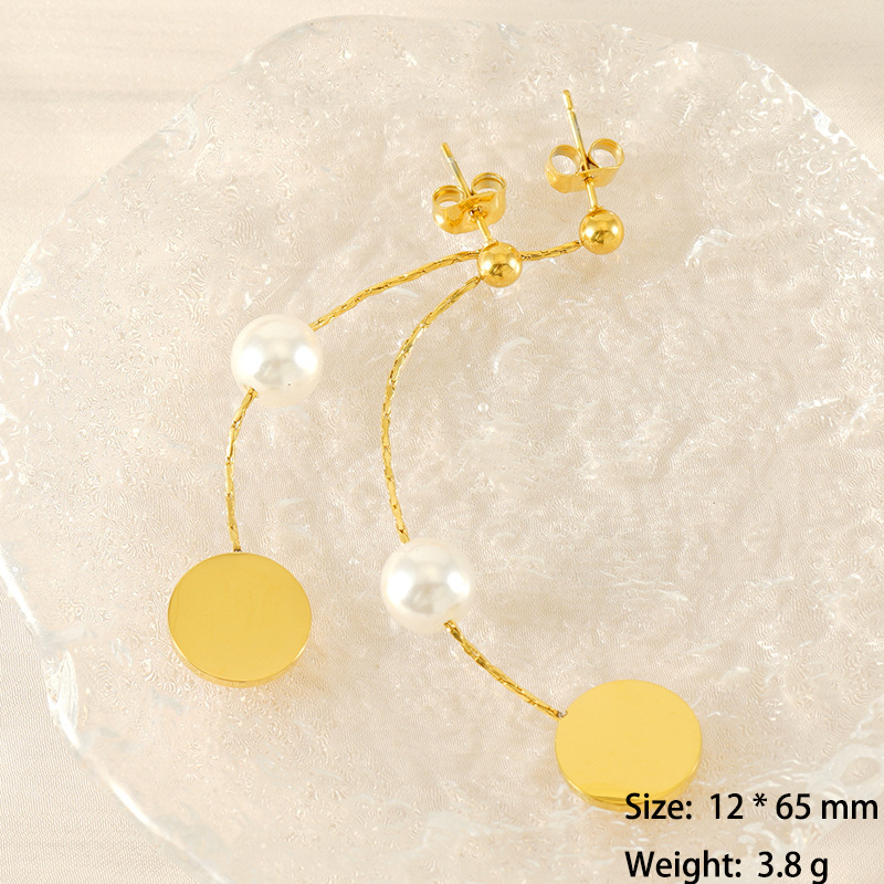 Elegant Gold Disk Stainless Steel Dangle Earrings with Pearl