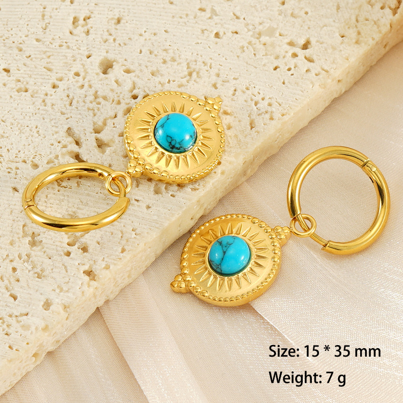 Stylish 316L Stainless Steel Huggie Earrings with Round Blue Turquoise Charm