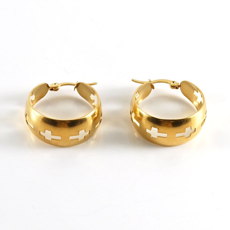 18K Gold Plated Hollow Cross Wide Face Stainless Steel Hoop Earrings