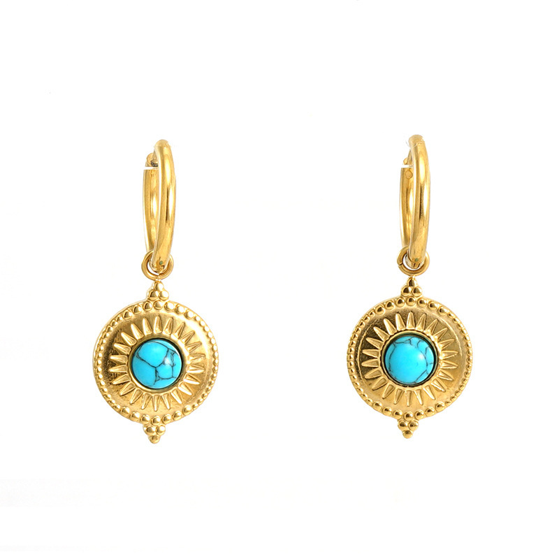 Stylish 316L Stainless Steel Huggie Earrings with Round Blue Turquoise Charm