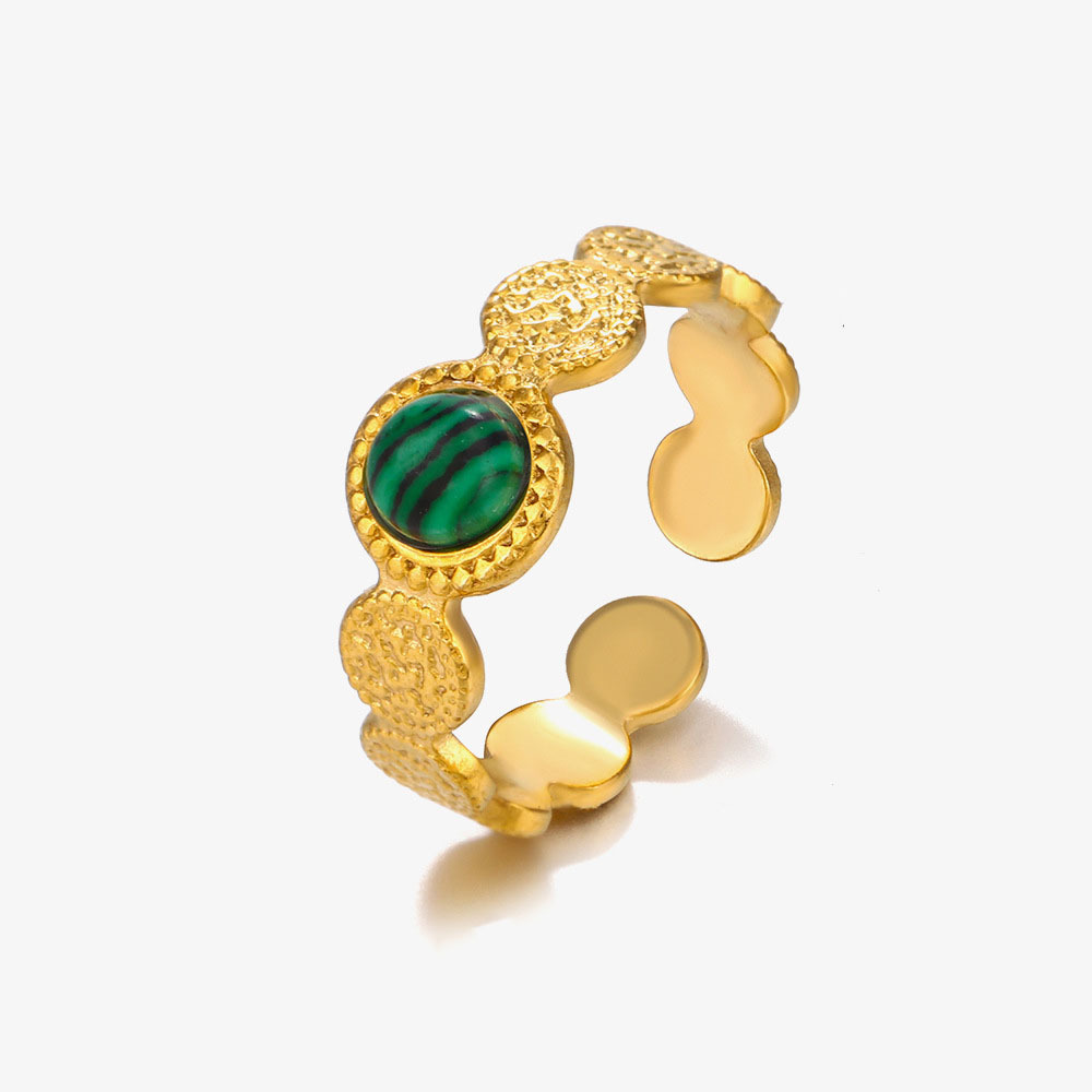 PVD Gold Plated Stainless Steel Open Adjustable Natural Round Stone Ring