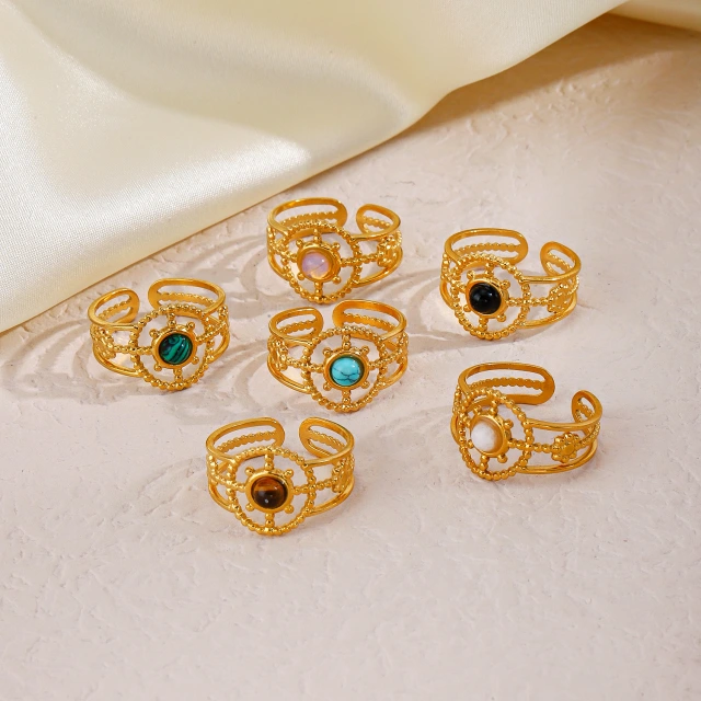 Bohemia 18K Gold Staineless Steel & Natural Stone Sunflower  Ring