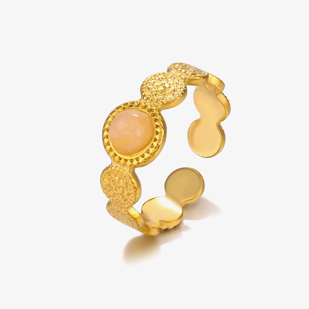 PVD Gold Plated Stainless Steel Open Adjustable Natural Round Stone Ring
