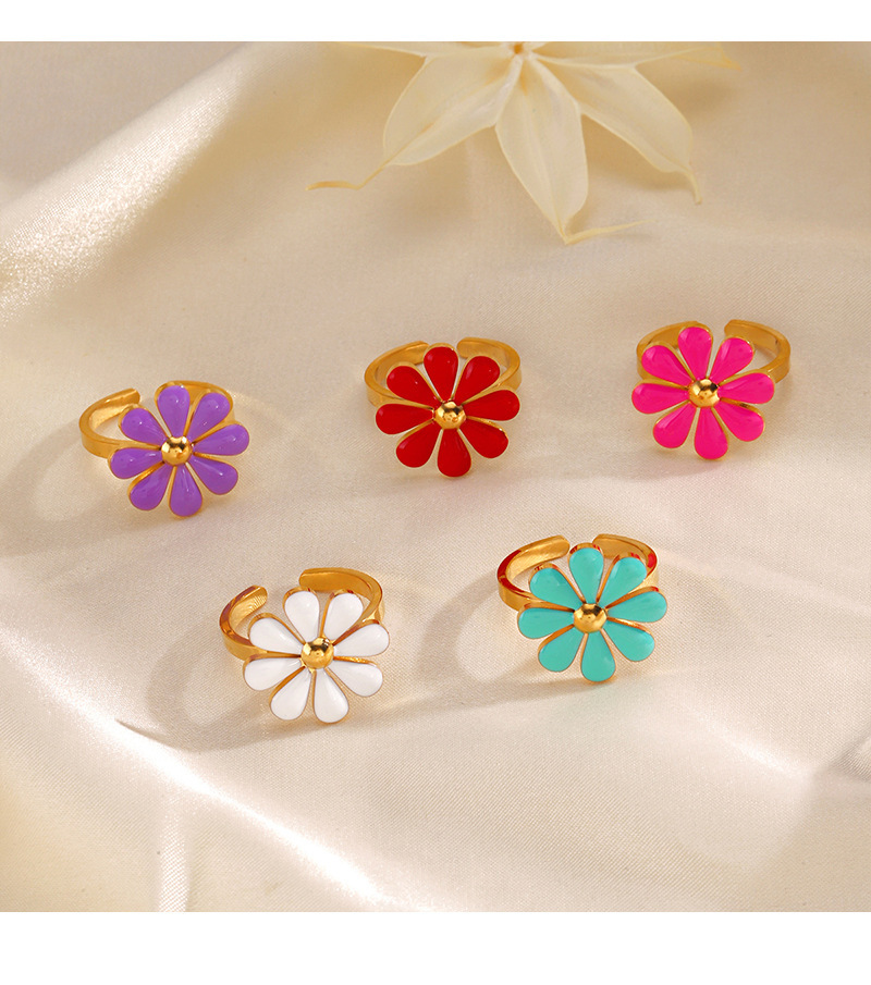 316L Stainless Steel C-Shape Colors Flower Enamel Open Ring