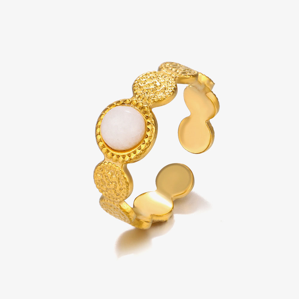 PVD Gold Plated Stainless Steel Open Adjustable Natural Round Stone Ring