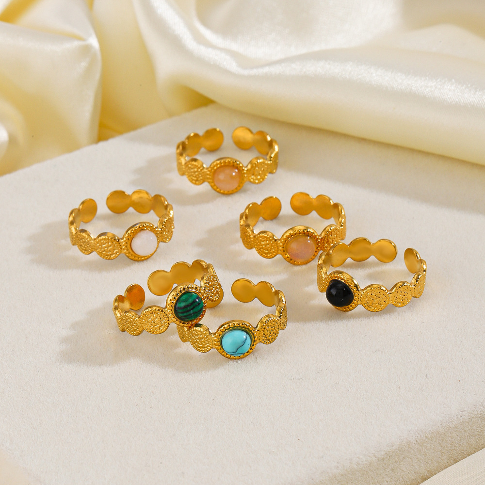 PVD Gold Plated Stainless Steel Open Adjustable Natural Round Stone Ring