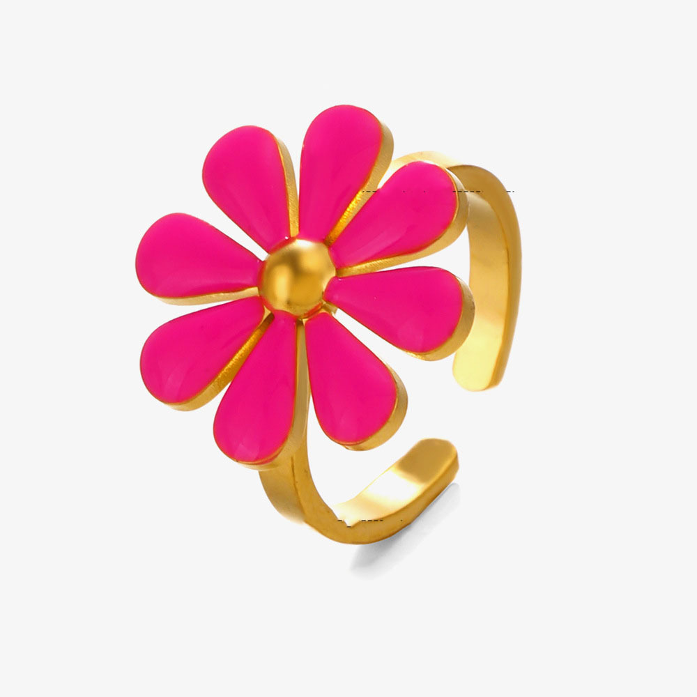 316L Stainless Steel C-Shape Colors Flower Enamel Open Ring