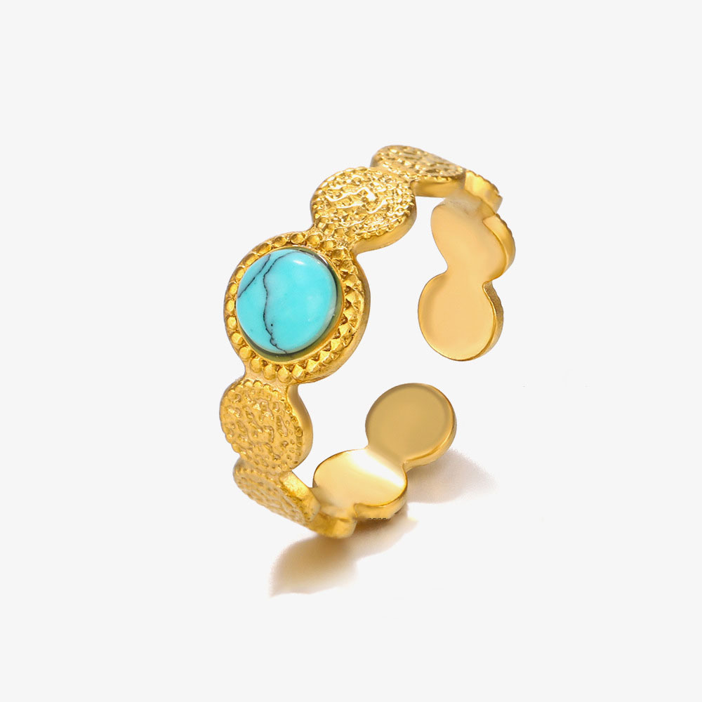 PVD Gold Plated Stainless Steel Open Adjustable Natural Round Stone Ring