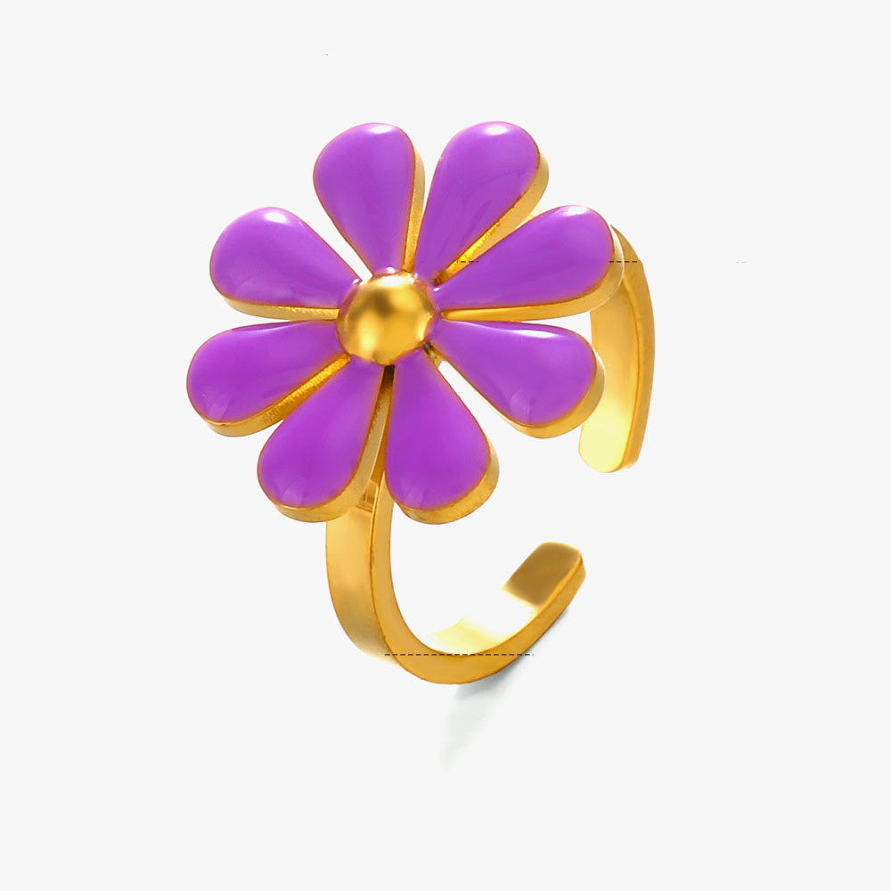 316L Stainless Steel C-Shape Colors Flower Enamel Open Ring