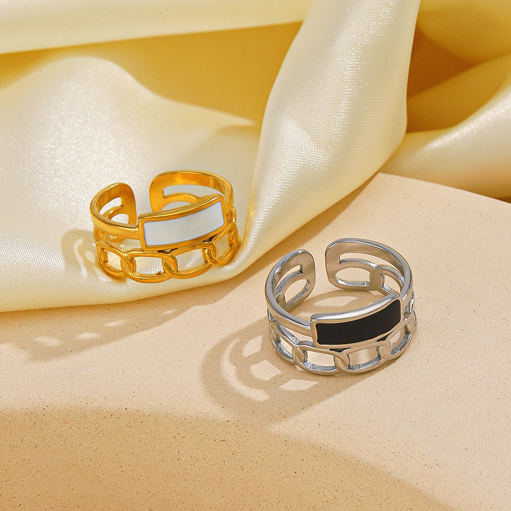 Black and White Enamel Chain Stainless Steel Adjustable Ring