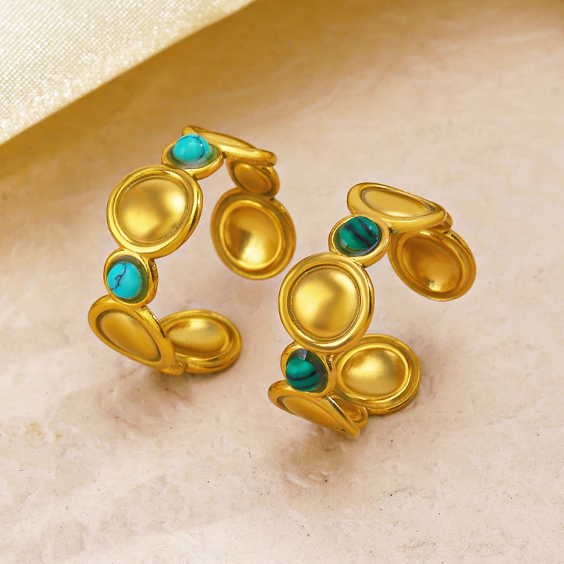 INS Style Round Malachite and Turquoise Stainless Steel Open Ring