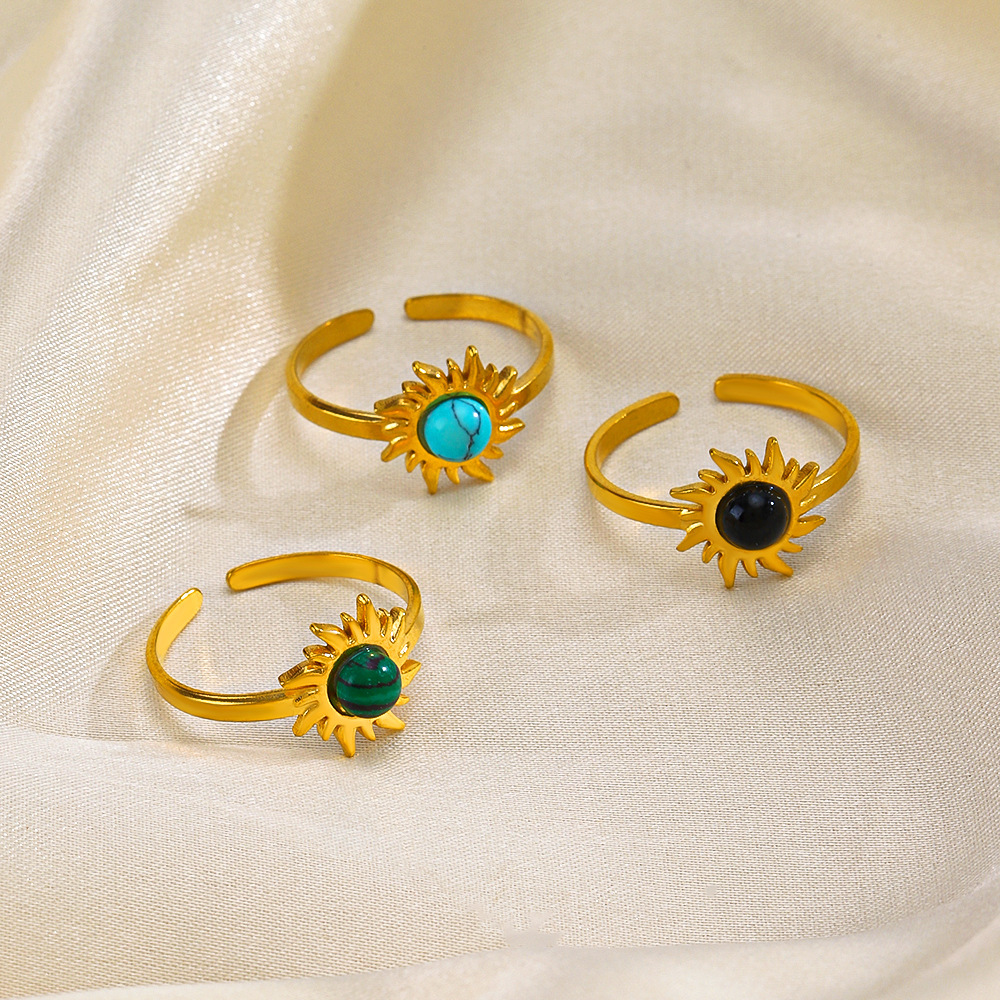 Hip Hop Sunflower Set Natural Stone Stainless Steel Open Ring